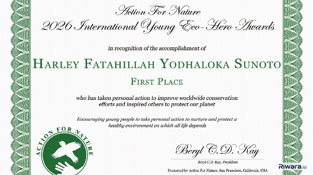 Sertifikat penghargaan I nternational Young Eco-Hero Award 2026 yang diterima Harley Fatahillah